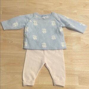 JACADI Blue Bunny Sweater & Scallop Pink Knit Pant Set  - Baby 3 Months  Easter!